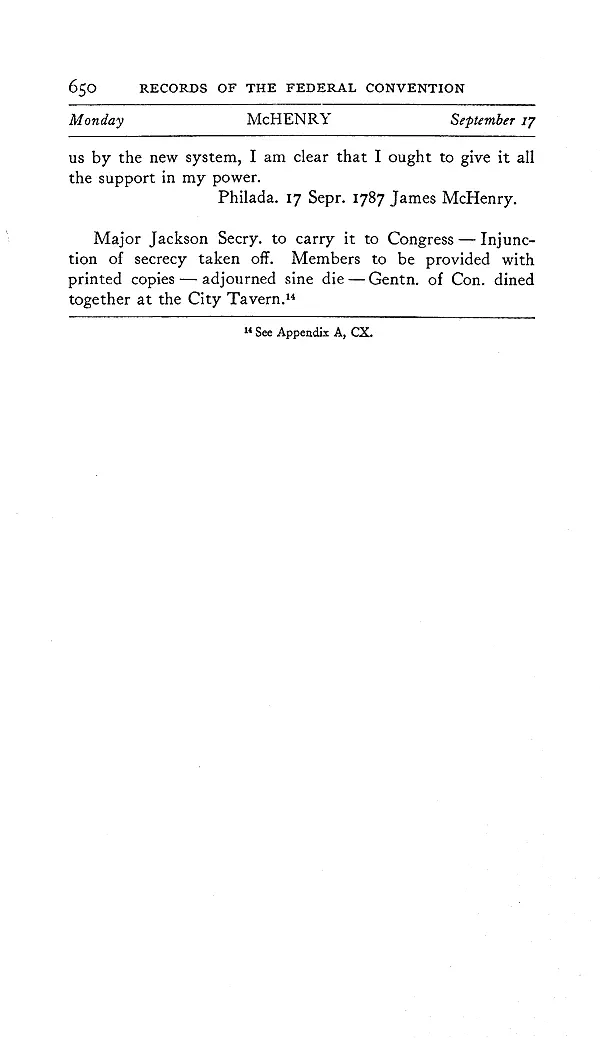 McHenry's September 17, 1787 journal entry, ending with his signature and the note: 'adjourned sine die -- Gentn. of Con. dined together at the City Tavern.' Farrand, Records of the Federal Convention, Vol. II, p. 650, 1911.