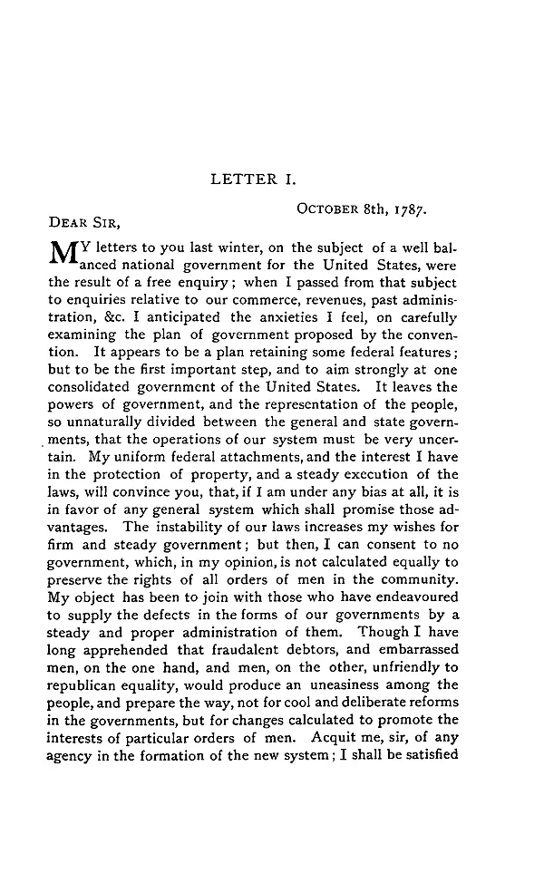 Federal Farmer Letter I, October 8, 1787. Opening page as reprinted in Pamphlets on the Constitution of the United States, edited by Paul Leicester Ford, Brooklyn, 1888.